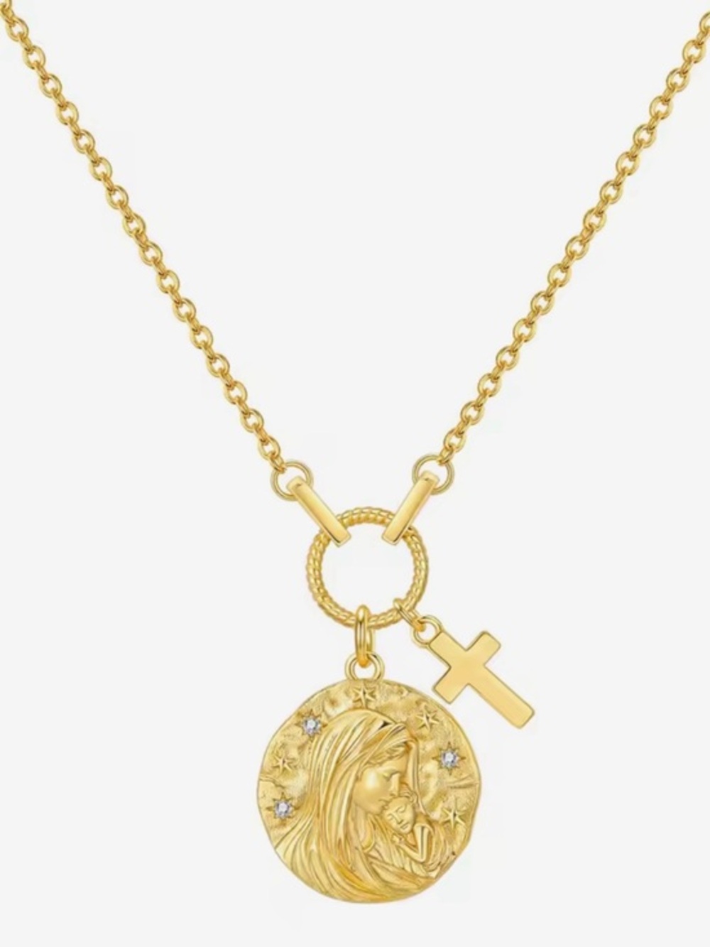 New .925 Stamped 18K Gold Mary & Jesus Necklace